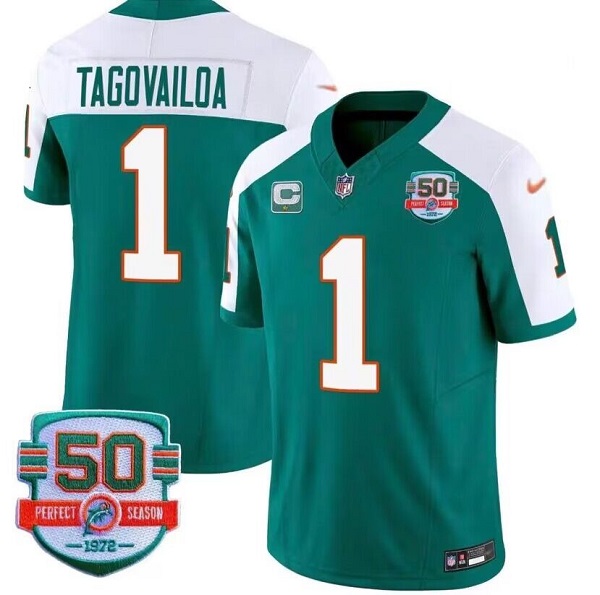 Men's Aqua White Miami Dolphins #1 Tua Tagovailoa 2023 F.U.S.E With 1-Star C Patch And 50th Perfect Season Patch Vapor Limited Stitched Football Jersey